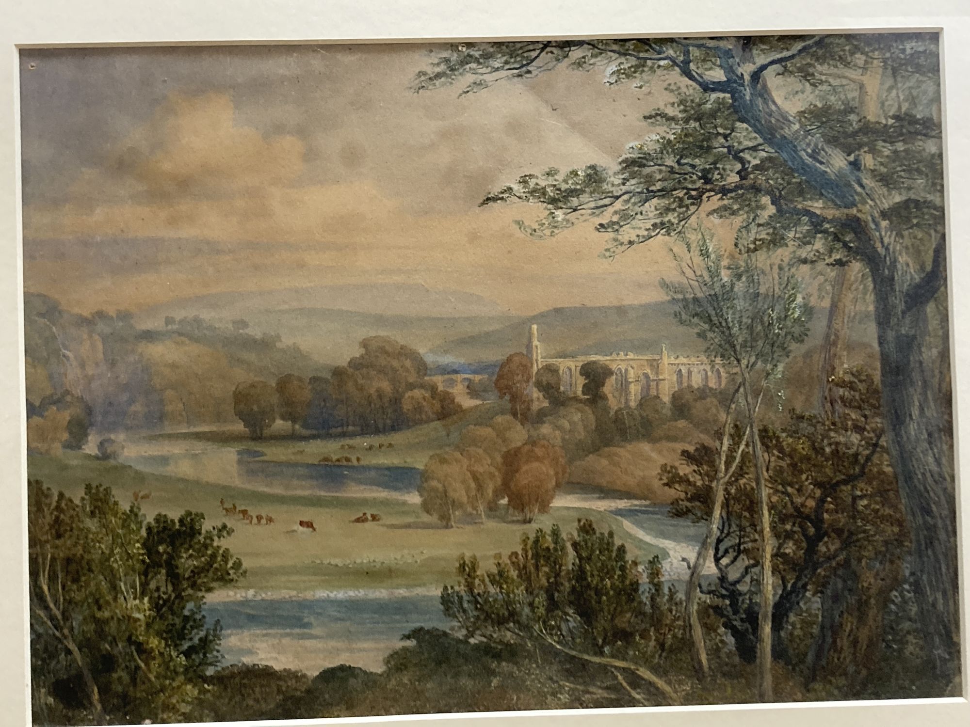 19th century English School, watercolour, Landscape with Abbey Ruins, 35 x 48cm and a North European landscape, 23 x 33cm